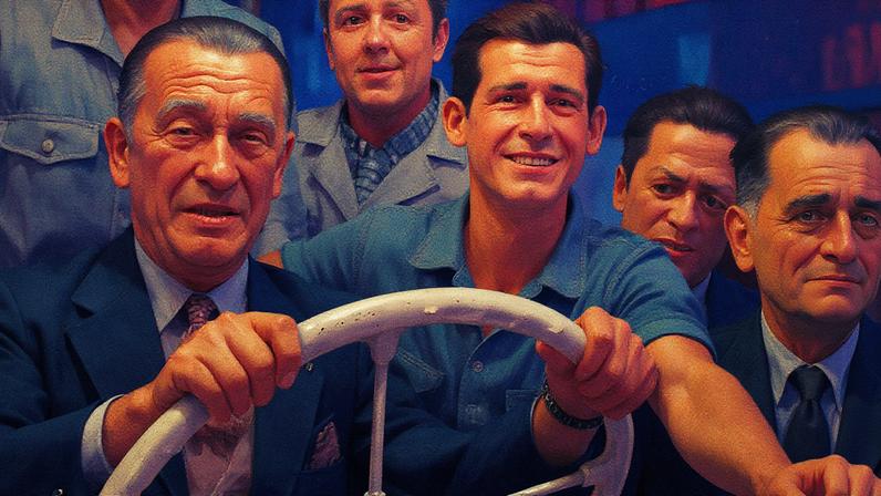 Presidente Juscelino Kubitschek em visita à fábrica da Mercedes, em São Paulo, em 1956 (Foto: Folhapress)