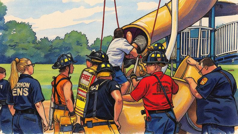 Homem de 40 anos fica preso em escorregador infantil e mobiliza bombeiros nos EUA (Foto: Corpo de Bombeiros da Cidade de Vernon)