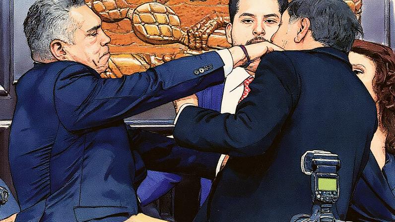 O senador Alejandro Moreno (esq.), do Partido Revolucionário Institucional (PRI), dá um soco no senador Gerardo Fernández Norona, do Partido Movimento de Regeneração Nacional (Morena), durante uma sessão da Comissão Permanente do Senado na Cidade do México. 27/08/2025 (Foto: AFP/AFP)