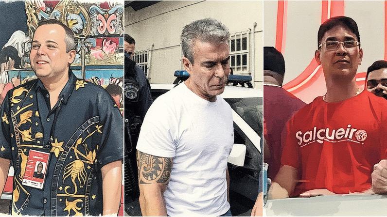 Vinicius Drumond: vítima de atentado, tem dois PMs do Bope na sua escolta; Rogério Andrade: preso em Campo Grande (MS), conta com 36 policiais; e Adilsinho: foragido, ele tem em sua equipe pelo menos 34 PMs da ativa (Foto: Montagem)