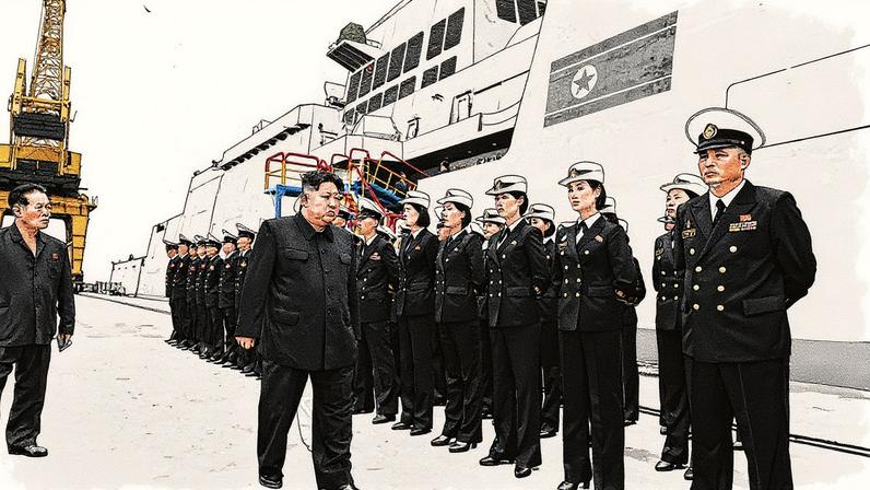 Kim Jong-un inspeciona o contratorpedeiro naval Choe Hyon em local não revelado na Coreia do Norte (Foto: KCNA VIA KNS / AFP)