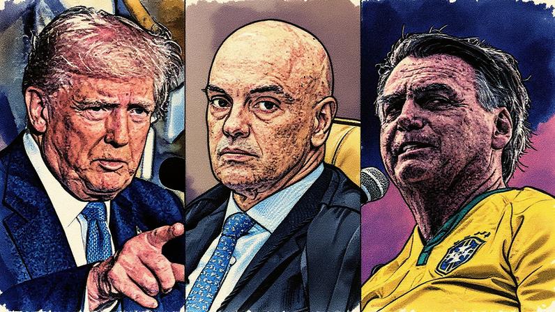 O presidente dos Estados Unidos, Donald Trump; o ministro Alexandre de Moraes, do Supremo Tribunal Federal (STF); e o ex-presidente do Brasil, Jair Bolsonaro (Foto: Chip Somodevilla/Getty Images/Andressa Anholete/STF/Dado Galdieri/Bloomberg/Getty Images)
