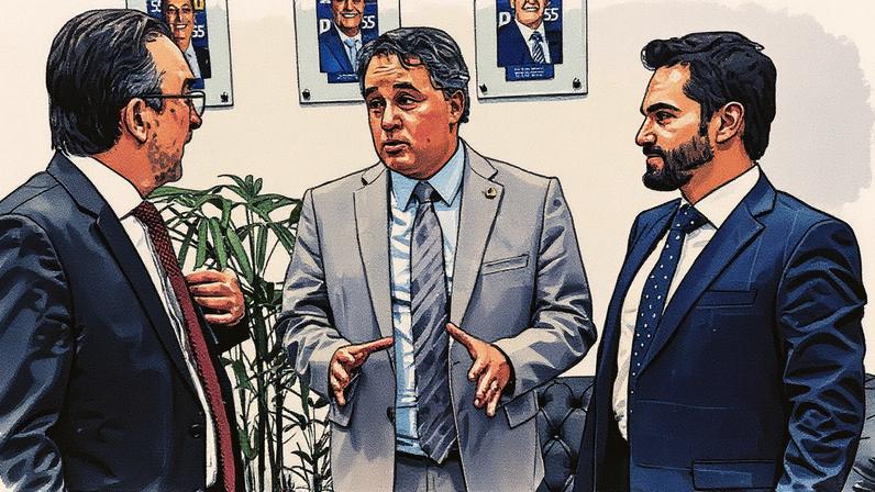 Lucas Ribeiro (à dir.), CEO da ROIT, conversa com o secretário especial da Reforma Tributária, Bernard Appy (esq.), e o senador Efraim Filho (Foto: Divulgação)