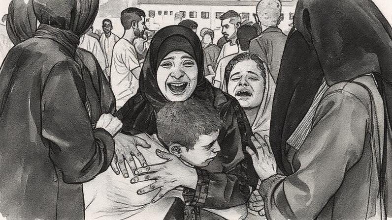 A mãe de Mohammed Al-Sukni, ao centro, que foi morto enquanto tentava alcançar caminhões de ajuda, é confortada por parentes do lado de fora do Hospital Shifa, antes de seu funeral na Cidade de Gaza, quinta-feira, 21 de agosto de 2025. (Foto: AP Photo/Jehad Alshrafi)