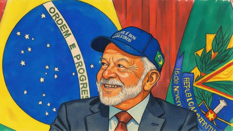 Lula usa boné com o novo slogan do governo durante reunião ministerial (Foto: Reprodução)