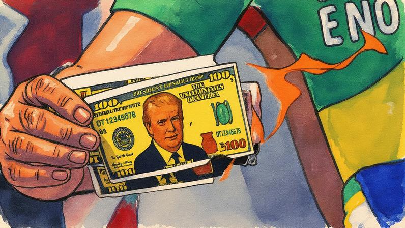 Cédula de dólar falsa estampada com o rosto de Donald Trump é queimada em protesto contra as tarifas, em Brasília (Foto: Mateus Bonomi - 1º.ago.2025/Reuters)