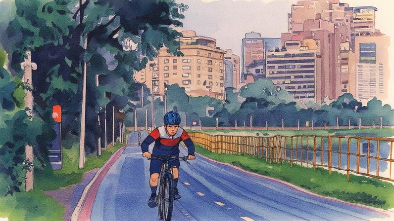 Ciclista usa ciclovia em trecho sem iluminação entre as pontes Eusébio Matoso e Cidade Jardim, às 18h12 (Foto: Eduardo Knapp/Folhapress)