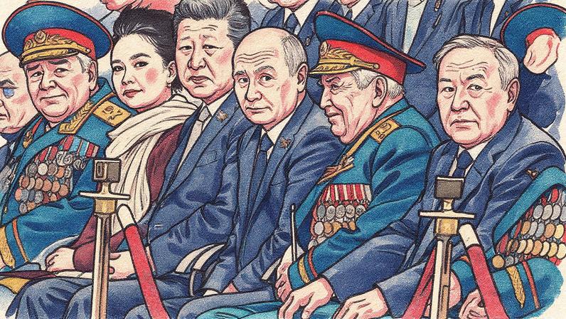 O presidente russo Vladimir Putin (terceiro da direita) e o presidente chinês Xi Jinping (terceiro da esquerda) assistem a um desfile militar em Moscou em 9 de maio de 2015. (Foto: RIA Novosti via Getty Images)