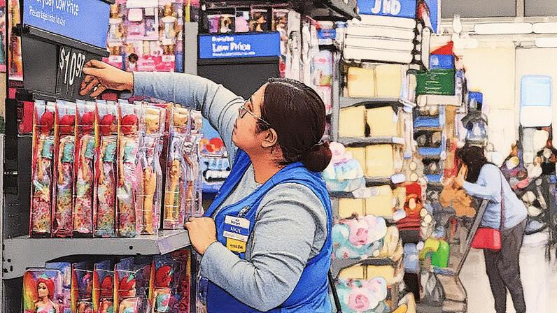 Um funcionário ajusta um rótulo de preço para bonecas Barbie expostas à venda antes da Black Friday em um Walmart Supercenter em Burbank, Califórnia. (Foto: Mario Tama | Getty Images)