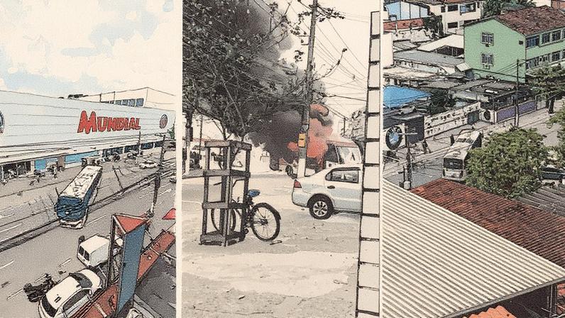 Ônibus são sequestrados e usados como barricada na Ilha do Governador, próximo ao Morro de Dendê, alvo de operação da PM na manhã desta segunda-feira (18) (Foto: Reprodução / X).