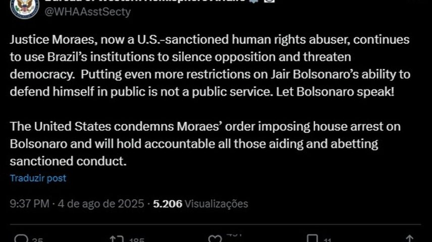 Escritório ligado ao Departamento de Estado criticou Alexandre de Moraes em publicação nas redes (Foto: Reprodução)