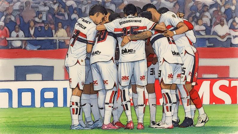 Corrente de jogadores do São Paulo no gramado do Morumbi durante partida da Libertadores (Foto: Rubens Chiri, Nilton Fukuda e Paulo Pinto/Saopaulofc)