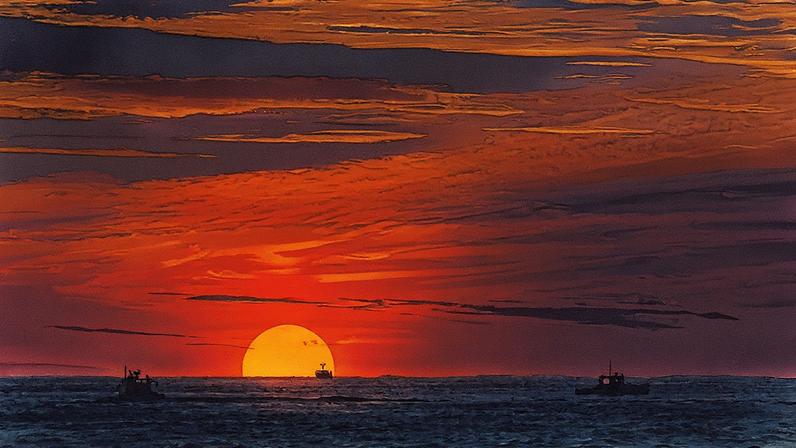 O sol nasce sobre barcos de pesca no Oceano Atlântico, em 8 de setembro de 2022, perto de Kennebunkport, no Maine (EUA). (Foto: AP Photo/Robert F. Bukaty, File)