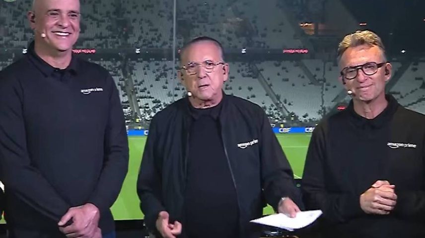 Galvão Bueno com Marcos e Neto na transmissão de Corinthians x Palmeiras no Amazon Prime Video (Foto: Reprodução/Amazon)