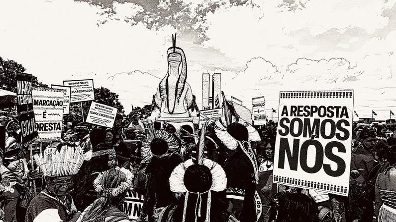 Indígenas de várias etnias participam de marcha como parte da programação do Acampamento Terra Livre, em Brasília (Foto: Pedro Ladeira - 8.abr.25/Folhapress)