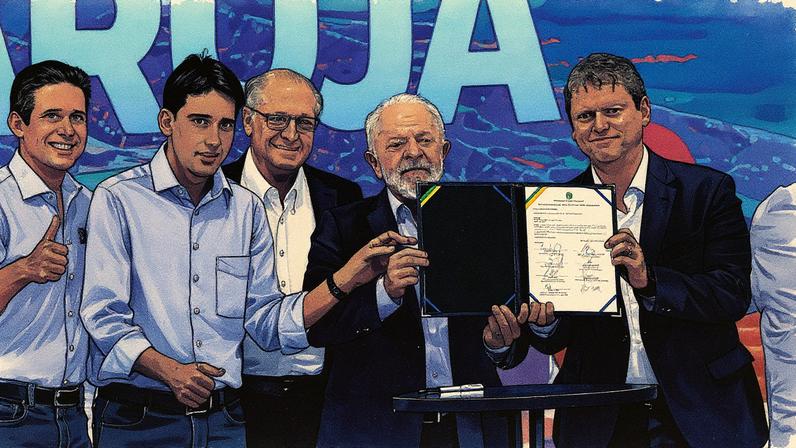O presidente Lula com o vice-presidente Geraldo Alckmin, o ministro de Portos e Aeroportos, Silvio Costa Filho (ambos à esquerda) e o governador de São Paulo, Tarcísio de Freitas, no lançamento do edital do túnel que ligará Santos ao Guarujá, durante cerimônia (Foto: Zanone Fraissat/Folhapress)
