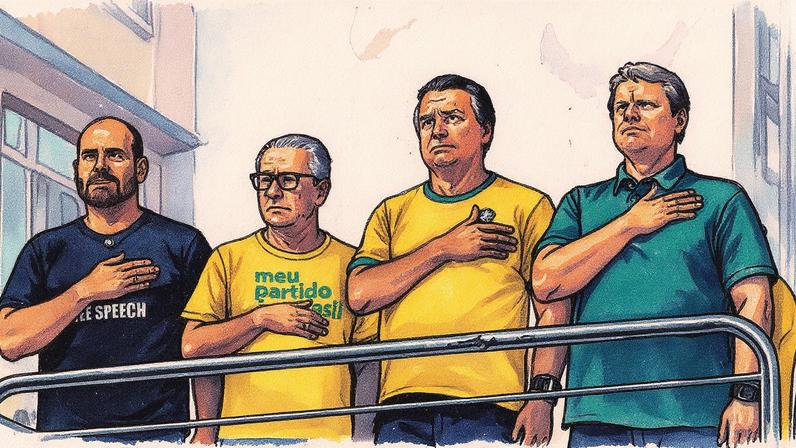 Tarcísio de Freitas ao lado de Jair Bolsonaro, de Silas Malafaia e do deputado Eduardo Bolsonaro em ato pela anistia no dia 7 de Setembro do ano passado (Foto: Tiago Queiroz/Estadão)