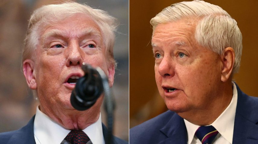 Presidente dos Estados Unidos, Donald Trump, e o senador republicano Lindsey Graham (Carolina do Sul) — Foto: Fotos de Jim Watson/AFP e Michael M. Santiago/Getty Images North America/Getty Images via AFP