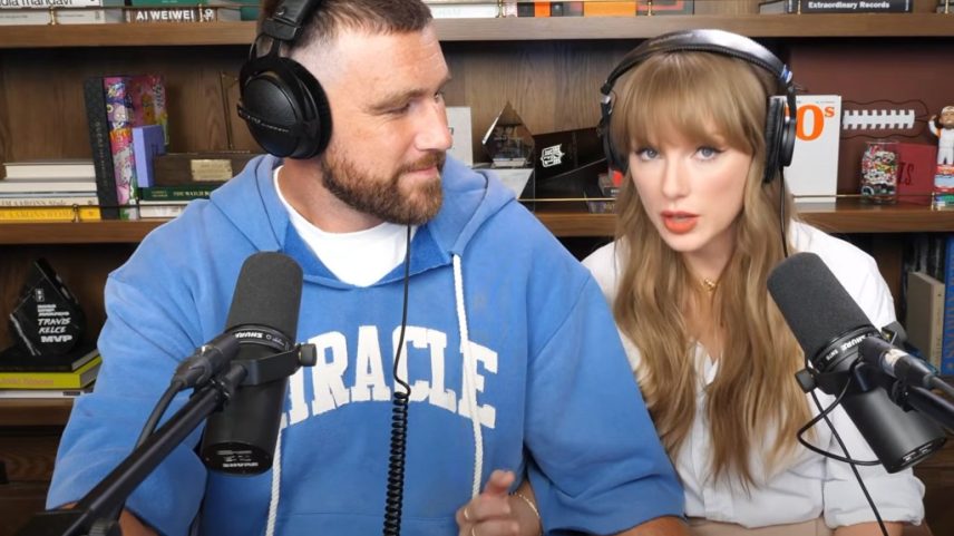 Taylor Swift imediatamente estabeleceu recordes de audiência no podcast 'New Heights' do namorado Travis Kelce (Foto: Reprodução)