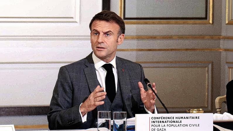 O presidente francês, Emmanuel Macron, na Conferência Humanitária Internacional para Civis em Gaza em Paris, no dia 9 de novembro de 2023. (Foto: Anadolu via Getty Images)