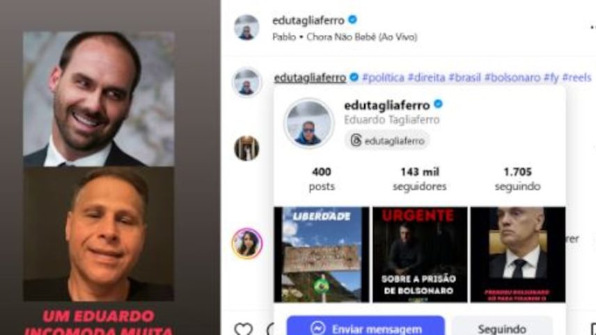 Publicação de Eduardo Tagliaferro nas redes sociais se comparando a Eduardo Bolsonaro na mobilização por sanções a Alexandre de Moraes. (Foto: @edutagliaferro via Instagram)