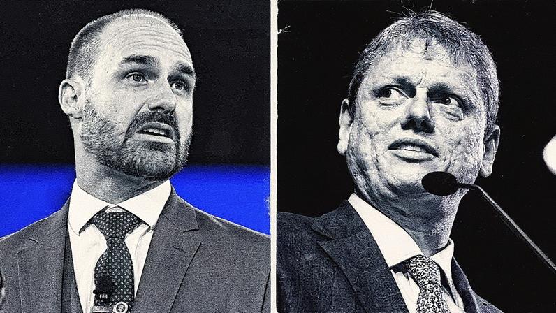 Deputado federal licenciado Eduardo Bolsonaro (PL-SP) e o governador de São Paulo, Tarcísio de Freitas (Republicanos) (Foto: Fotos de Saul Loeb/AFP e Pablo Jacob/Governo de São Paulo)