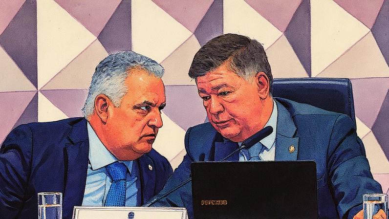 Relator da CPI do INSS, Alfredo Gaspar, conversa com o presidente do colegiado, Carlos Viana; primeiros requerimentos serão votados nesta terça-feira, 26. (Foto: Wilton Junior/Estadão)