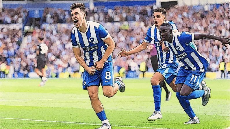 Jogadores do Brighton comemoram o segundo gol em partida contra o Manchester City (Foto: Reprodução)