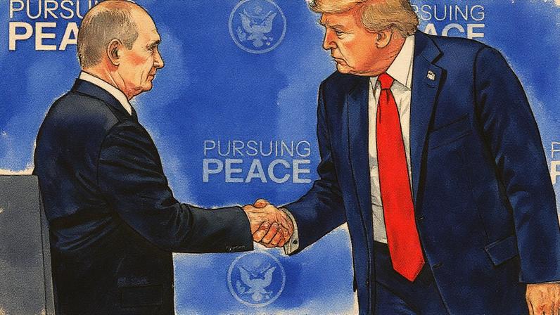 Presidente dos EUA, Donald Trump (à dir.), cumprimenta o presidente da Rússia, Vladimir Putin (à esq.), durante a coletiva de imprensa após a reunião entre os dois, nesta sexta-feira, 15, no Alasca (Foto: Drew Angerer/AFP)