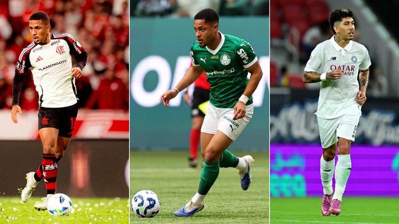 Três jogadores brasileiros, Samuel Lino, Vitor Roque e Firmino, posam juntos (Foto: Reprodução)