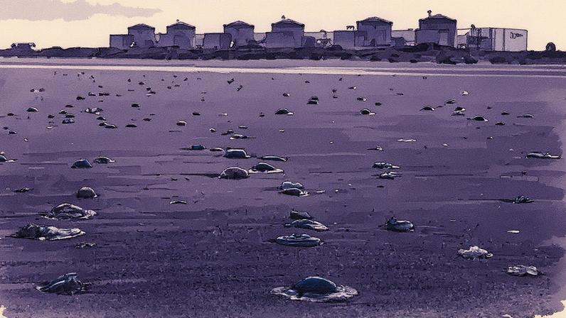 Águas-vivas espalhadas pela areia próxima à usina nuclear de Gravelines, no norte da França (Foto: Sameer al-Doumy/AFP)
