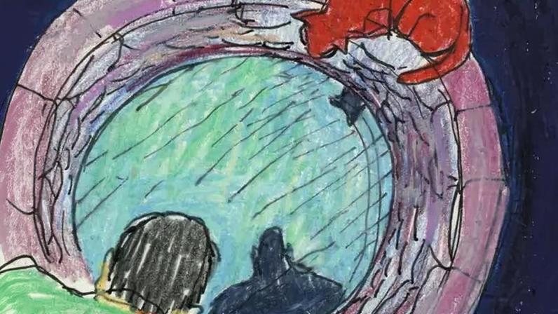 An illustration of a person, seen from above, looking down a stone well. In the water at the bottom of the well, the person’s shadow is reflected back at him. A cat perched on the ledge of the well is also looking down it.
