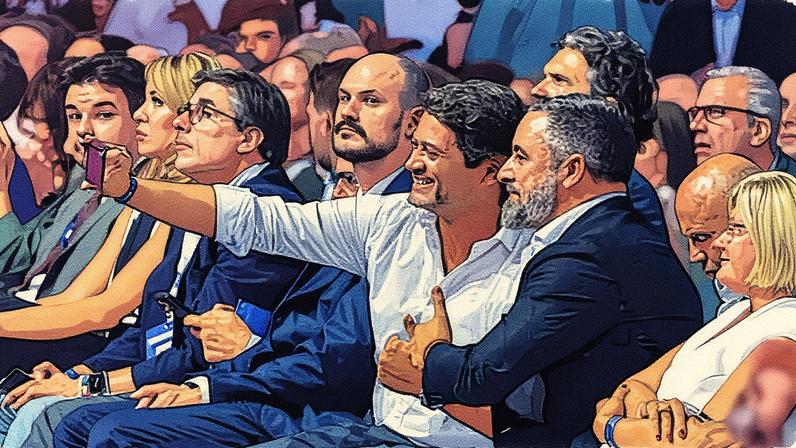 André Ventura e Santiago Abascal posam para uma foto durante um ato realizado em Madrid (Foto: Reprodução)
