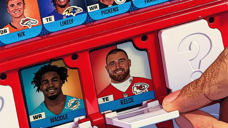 Jogo de tabuleiro Guess Who? com jogadores da NFL, incluindo Kelce, Patrick Mahomes e Josh Allen, em colaboração oficial entre a NFL e a Hasbro (Foto: Reprodução)