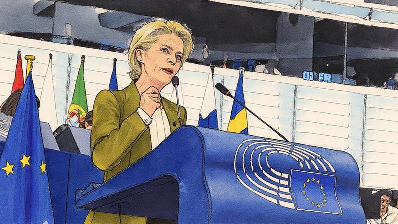 Presidente da Comissão Europeia, Ursula von der Leyen, gesticula durante discurso no Parlamento Europeu em Estrasburgo, França (Foto: Reprodução)