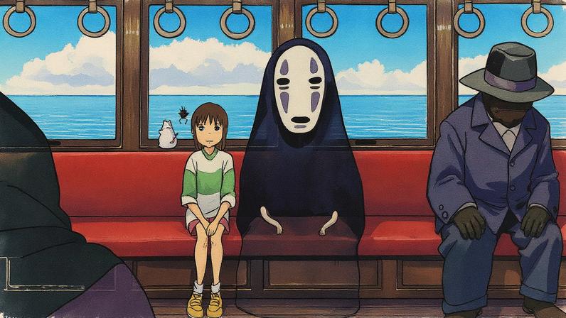 Cena do filme 'A Viagem de Chihiro' com personagens em um ambiente mágico e colorido (Foto: Reprodução)