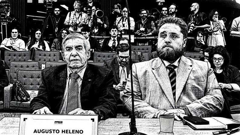 General Augusto Heleno e seu advogado Matheus Milanez durante o primeiro dia de interrogatórios no STF (Foto: Reprodução)