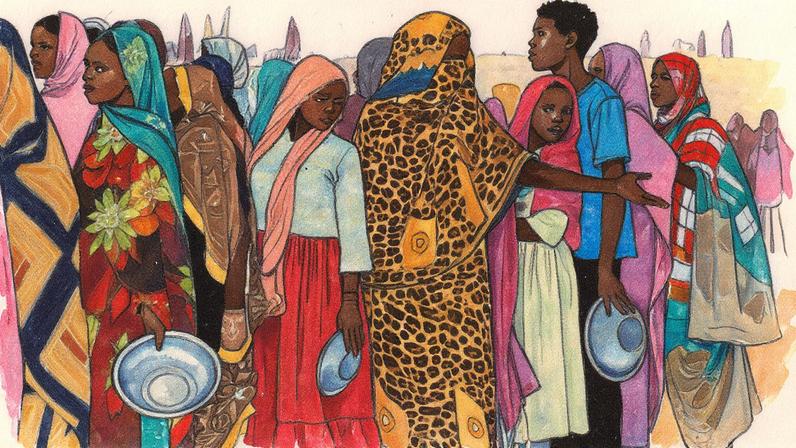 Pessoas que fugiram das FAR fazem fila para receber rações alimentares em acampamento improvisado em Darfur, no Sudão (Foto: Reprodução)