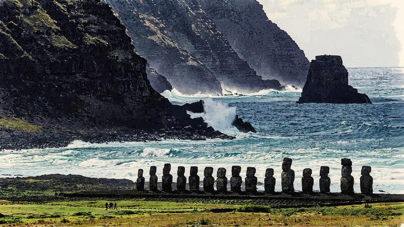 Moais em Ahu Tongariki, no parque nacional Rapa Nui, na Ilha de Páscoa, no Chile (Foto: Reprodução)