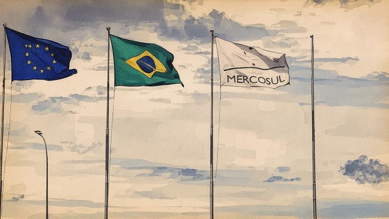 Acordo entre a União Europeia e o Mercosul, com bandeiras dos dois blocos em destaque (Foto: Reprodução)