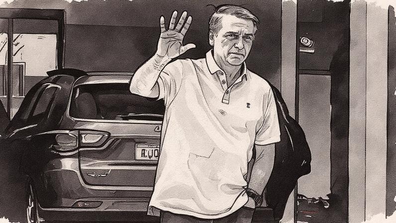 Bolsonaro na garagem de sua casa enquanto ocorre seu julgamento no STF (Foto: Reprodução)
