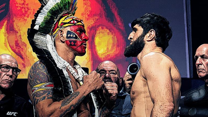 Alex Pereira e Magomed Ankalaev se encaram na cerimônia de pesagem do UFC 313, em março de 2025. (Chris Unger/Zuffa LLC)