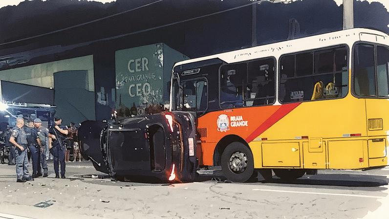 Carro de ex-delegado Ruy Ferraz Fontes, destruído, em Praia Grande (Foto: Reprodução)