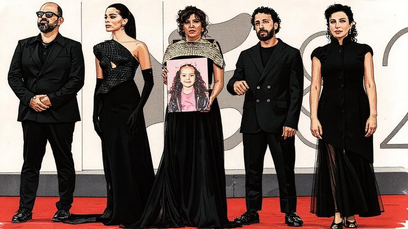 El actor Amer Hlehel, la actriz Clara Khoury, la directora y guionista Kaouther Ben Hania, el actor Motaz Malhees y la actriz Saja Kilani, esta semana en el festival de Venecia (Foto: Reprodução)
