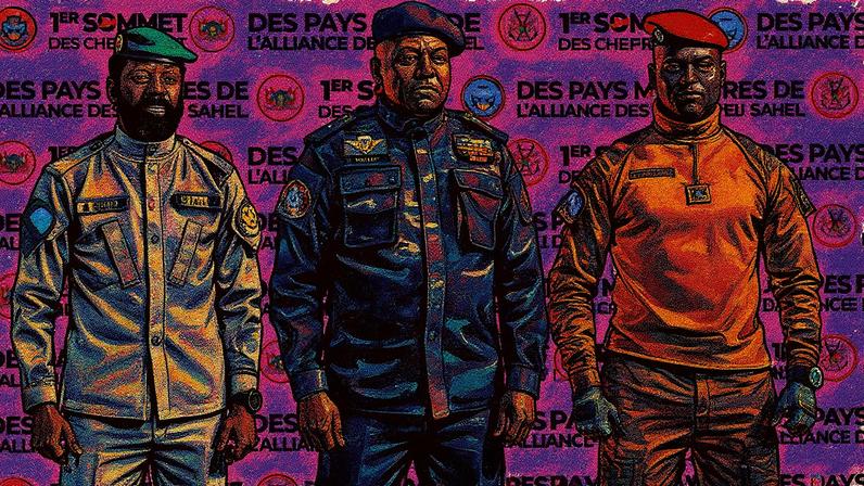 Líderes militares da África Ocidental posam juntos: o presidente interino do Mali, coronel Assimi Goita (esquerda), o chefe da junta militar do Níger, Abdourahamane Tchiani (centro), e o líder interino de Burkina Faso, Ibrahim Traore (direita) (Foto: Reprodução)