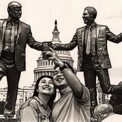 Estátua de Trump e Epstein de mãos dadas é instalada em frente ao Capitolio