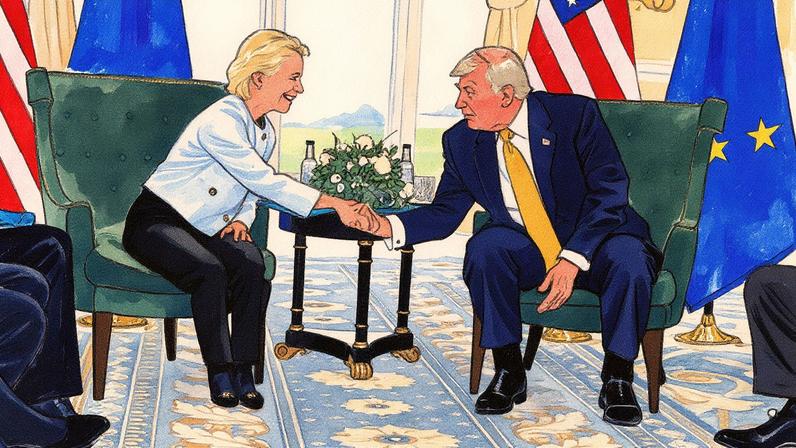 Presidente dos EUA, Donald Trump, aperta a mão da presidente da Comissão Europeia, Ursula von der Leyen, em Turnberry, Escócia (Foto: Reprodução)