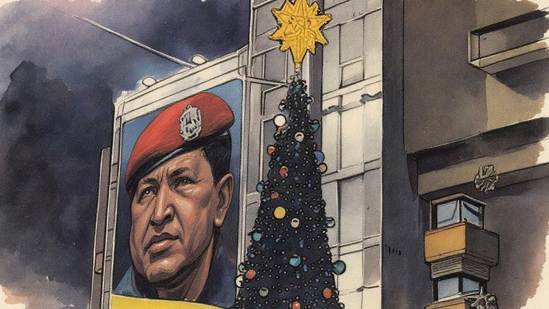 Abeto navideño em Caracas diante da imagem do falecido ex-presidente Hugo Chávez em 1 de outubro de 2024 (Foto: Reprodução)
