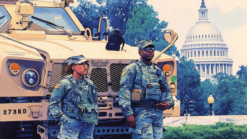 Membros da Guarda Nacional do DC monitoram a área em frente à Union Station, com a cúpula do Capitólio dos EUA ao fundo (Foto: Reprodução)