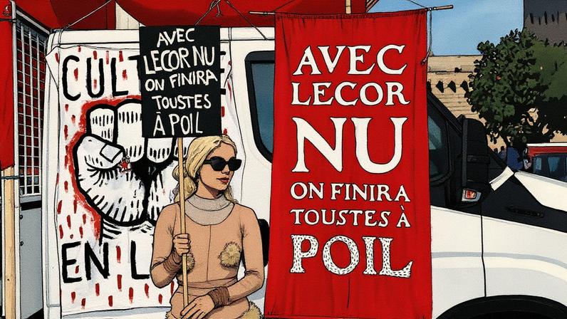 Manifestante segura cartaz com os dizeres "Com Lecornu, todos nós vamos acabar pelados" durante protesto em Nantes contra cortes orçamentários (Foto: Reprodução)